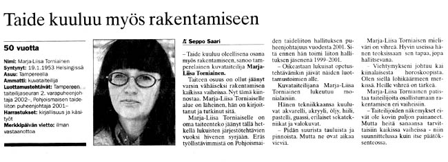 syntymäpäivähaastattelu Aamulehdessä 2003